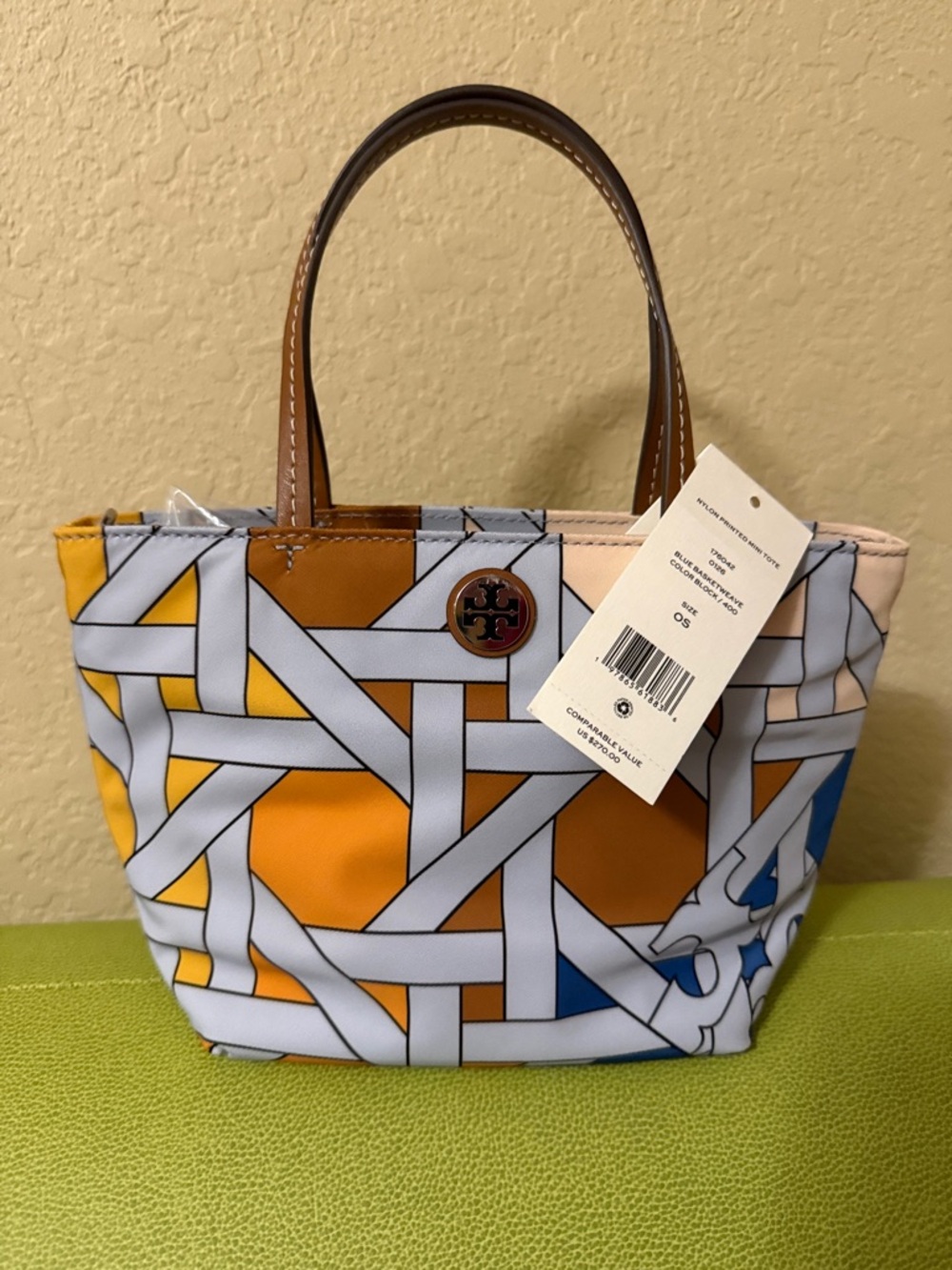 Tory Burch Nylon Printed Mini Tote Blue Basketweave Colorblock - Picture 7 of 11